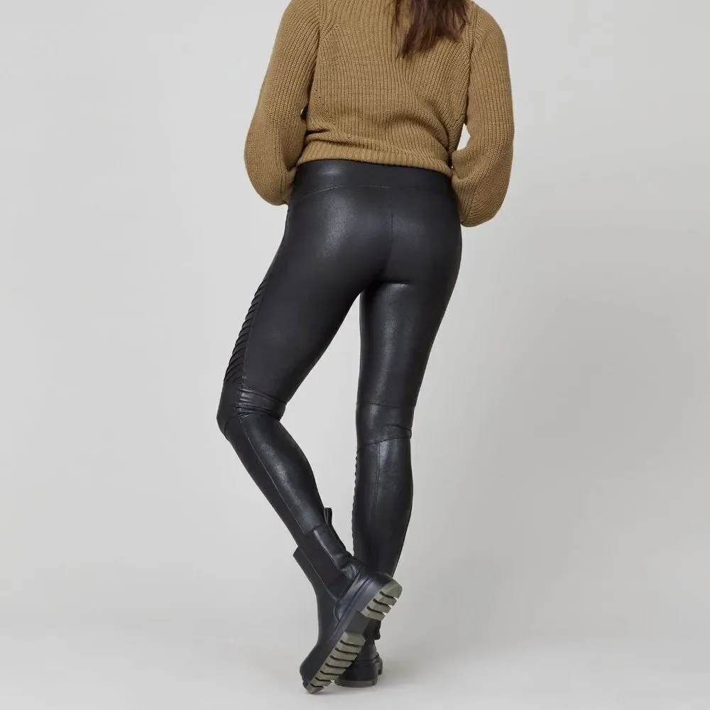 $110 NWOT Spanx Faux Leather Moto Style Black Leggings Size SMALL S/P
